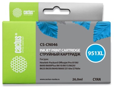 Картридж струйный Cactus CS-CN046 №951XL голубой (26мл) для HP DJ Pro 8100/8600 с чипом
