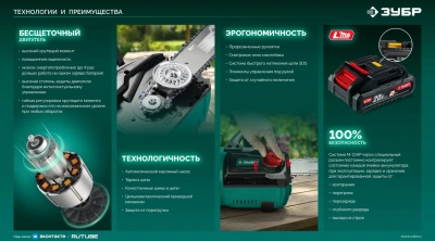 Цепная пила Зубр ПЦБ-4040 аккум. 2000Вт дл.шины:16" (40cm)