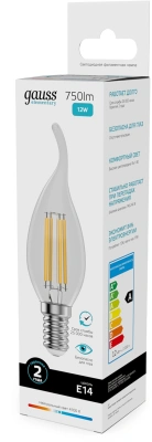 Лампа филам. Gauss Filament 12Вт цок.:E14 свеча 220B св.свеч.бел.нейт. (упак.:10шт) (42122)