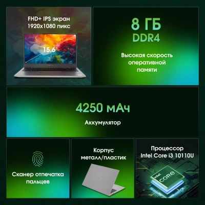 Ноутбук Digma Pro Fortis M Core i3 10110U 8Gb SSD256Gb Intel UHD Graphics 15.6" IPS FHD (1920x1080) Windows 11 Pro grey WiFi BT Cam 4250mAh (DN15P3-8CXW05)