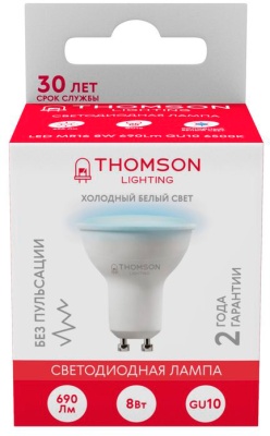 Лампа светодиодная Thomson TH-B2327 8Вт цок.:GU10 полусф. 220B св.свеч.бел.хол. MR16 (упак.:1шт)