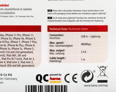 Кабель Hama 00187232 USB (m)-Lightning (m) 1м синий плоский