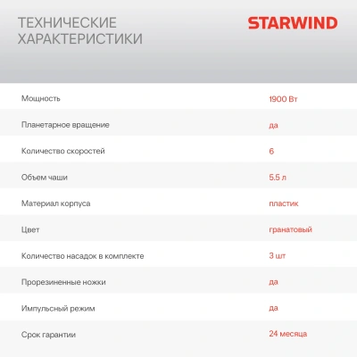 Миксер планетарный Starwind SPM7170 1900Вт гранатовый