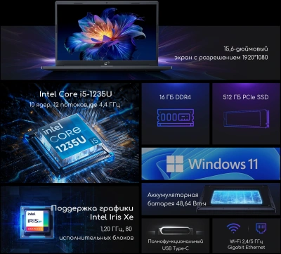 Ноутбук Acer Gadget E10 ETBook Max Core i5 1235U 8Gb SSD512Gb Intel Iris Xe graphics 15.6" IPS FHD (1920x1080) Windows 11 Home grey WiFi BT Cam 6400mAh (1747359)