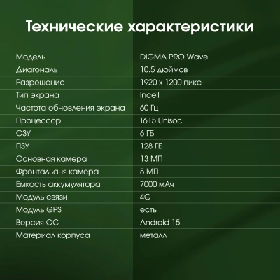 Планшет Digma Pro Wave T615 (1.8) 8C RAM6Gb ROM128Gb 10.5" In-Cell 1920x1200 4G Android 15 серый 13Mpix 5Mpix BT WiFi microSD 1Tb 7000mAh 94hrs