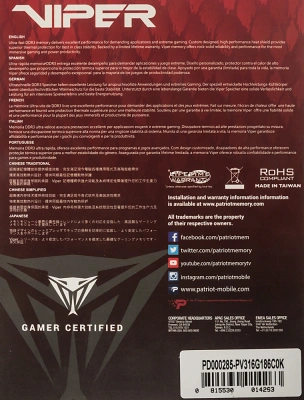 Память DDR3 2x8GB 1866MHz Patriot PV316G186C0K Viper 3 RTL Gaming PC3-14900 CL10 DIMM UDIMM 240-pin 1.5В dual rank с радиатором Ret