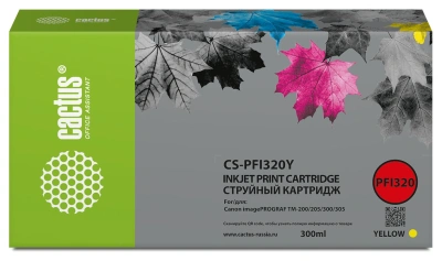 Картридж струйный Cactus CS-PFI320Y PFI-320 Y желт.пигм. (300мл) для Canon imagePROGRAF TM-200/TM-200 MFP L24ei/TM-205/TM-300 с чипом