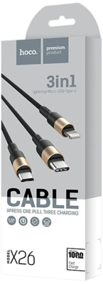 Кабель Hoco X26 Xpress one 80275 USB (m)-Lightning (m)/USB Type-C (m)/micro USB (m) 1м черный/золотистый