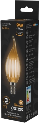 Лампа светодиодная Gauss Filament 9Вт цок.:E14 свеча 220B св.свеч.бел.теп. CF35 (упак.:10шт) (104801109)