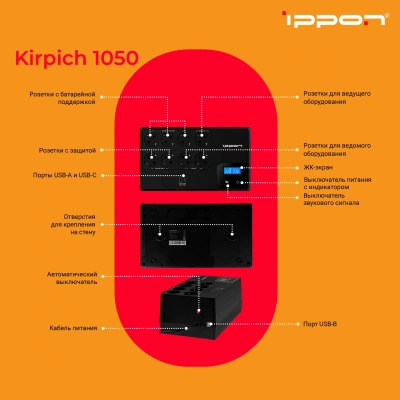 Источник бесперебойного питания Ippon Kirpich 1050 600Вт 1050ВА черный
