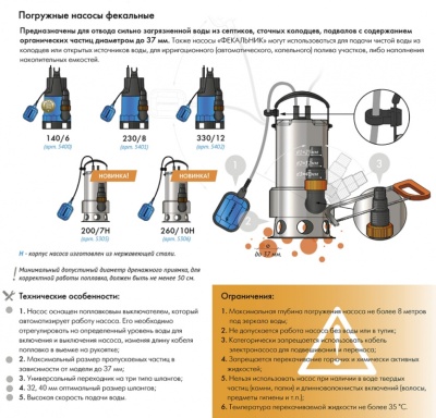 Насос фекальный Джилекс Фекальник 230/8 590Вт 13800л/час центробежный (в компл.:Переходник "Елочка" на три размера шланга 25/32/40мм) (5401)