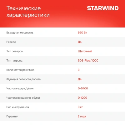 Перфоратор Starwind RH28Q-990S1 патрон:SDS-quick уд.:3.4Дж 990Вт (кейс в комплекте)