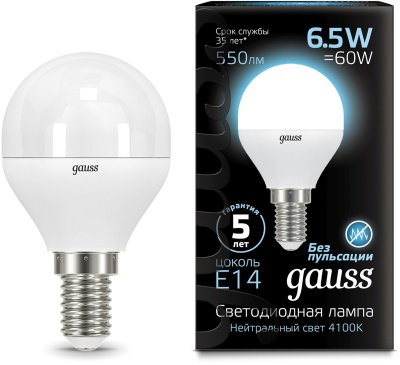 Лампа светодиодная Gauss 6.5Вт цок.:E14 шар 220B св.свеч.бел.нейт. (упак.:10шт) (105101207)