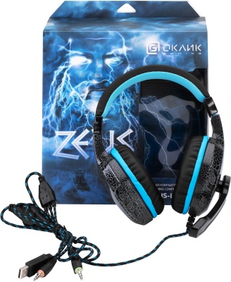 Наушники с микрофоном Оклик HS-L400G ZEUS черный/синий 2.2м мониторные оголовье (359480)