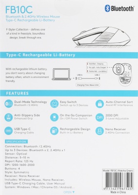 Мышь A4Tech Fstyler FB10C зеленый оптическая 2000dpi беспров. BT/Radio USB 4but (FB10C MATCHA GREEN)