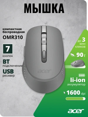 Мышь Acer OMR310 темно-серый оптическая 1600dpi беспров. BT/Radio USB 7but (ZL.MCECC.032)