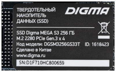 Накопитель SSD Digma PCIe 3.0 x4 256GB DGSM3256GS33T Mega S3 M.2 2280