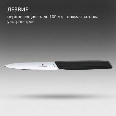 Нож кухонный Victorinox Swiss Modern (6.9003.10) стальной универсальный для чистки овощей и фруктов лезв.100мм прямая заточка черный