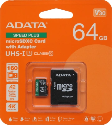 Флеш карта microSDXC 64GB A-Data UD64GUI3V30A2SP-RA1 Speed Plus V30 A2 + adapter