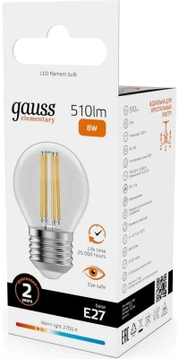 Лампа филам. Gauss Filament 8Вт цок.:E27 шар 220B св.свеч.бел.теп. (упак.:1шт) (52218)