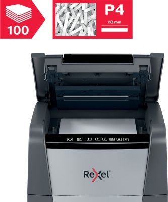 Шредер Rexel Optimum AutoFeed 100X черный с автоподачей (секр.P-4) фрагменты 100лист. 34лтр. скрепки скобы пл.карты
