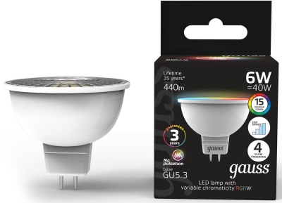 Лампа светодиодная Gauss 101105406 6Вт цок.:GU5.3 софит 175B св.свеч.RGB MR16 (упак.:1шт)