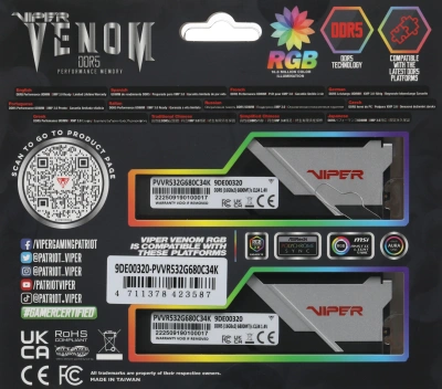 Память DDR5 2x16GB 6800MHz Patriot PVVR532G680C34K Viper Venom RGB RTL Gaming PC5-54400 CL34 DIMM UDIMM 288-pin 1.4В kit с радиатором Ret