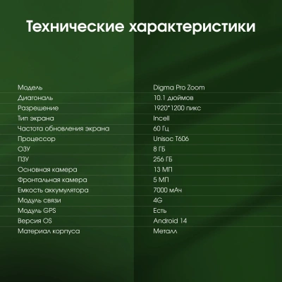 Планшет Digma Pro Zoom T606 (1.8) 8C RAM8Gb ROM256Gb 10.1" IPS 1920x1200 4G Android 14 темно-серый 13Mpix 5Mpix BT WiFi microSD 1Tb 7000mAh 24hr 298hrs