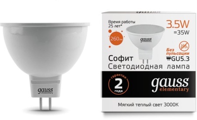Лампа светодиодная Gauss Elementary MR16 3.5Вт цок.:GU5.3 спот 220B св.свеч.бел.теп. (упак.:10шт) (13514)