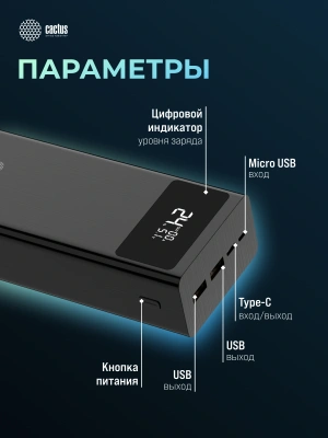 Мобильный аккумулятор Cactus CS-PBFSKA-30000 30000mAh 22.5W 4.5A USB-A/USB-C черный