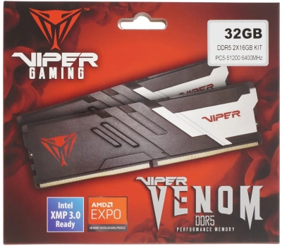 Память DDR5 2x16GB 6400MHz Patriot PVV532G640C32K Viper Venom RTL Gaming PC5-51200 CL32 DIMM UDIMM 288-pin 1.4В kit с радиатором Ret