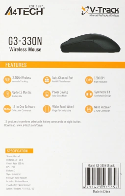 Мышь A4Tech G3-330N черный оптическая 1200dpi беспров. USB 3but