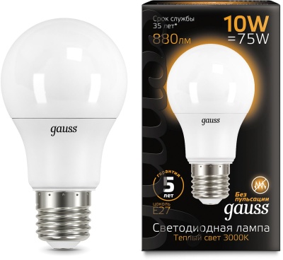 Лампа светодиодная Gauss A60 10Вт цок.:E27 шар 220B св.свеч.бел.теп. A60 (упак.:10шт) (102502110)