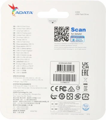 Флеш Диск A-Data 64GB Classic C008 AC008-64G-RWE USB2.0 синий/белый