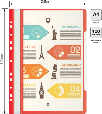 Папка-скоросшиватель Бюрократ PS-P20RED A4 прозрач.верх.лист боков.перф. пластик красный 0.12/0.16