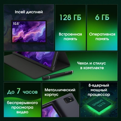 Планшет Digma Pro Wave T615 (1.8) 8C RAM6Gb ROM128Gb 10.5" In-Cell 1920x1200 4G Android 15 серый 13Mpix 5Mpix BT WiFi microSD 1Tb 7000mAh 94hrs
