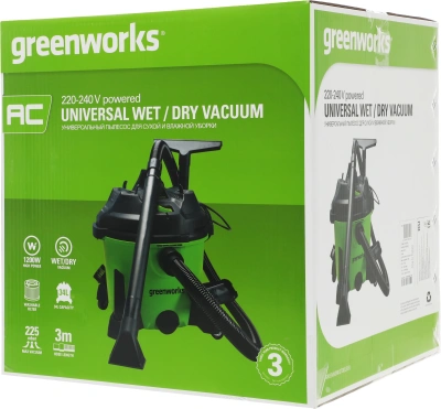 Строительный пылесос Greenworks G120WDV 1300Вт (уборка: сухая/сбор воды) зеленый