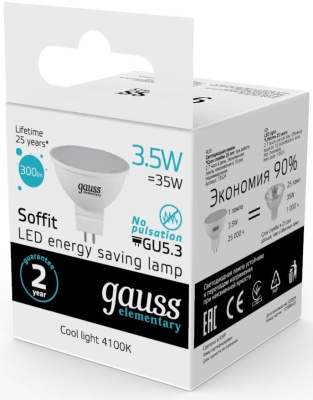 Лампа светодиодная Gauss Elementary MR16 3.5Вт цок.:GU5.3 спот 220B св.свеч.бел.нейт. MR16 (упак.:10шт) (13524)