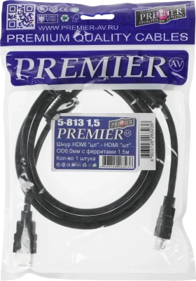Кабель аудио-видео Premier 5-813 HDMI (m)/HDMI (m) 1.5м. феррит.кольца позолоч.конт. черный (5-813 1.5)