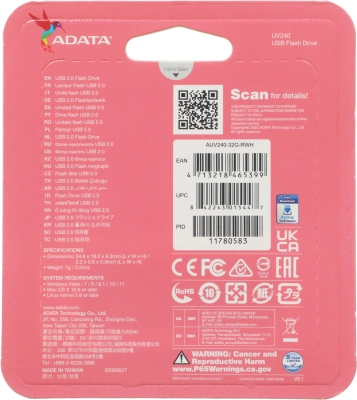 Флеш Диск A-Data 32Gb UV240 AUV240-32G-RWH USB2.0 белый/голубой