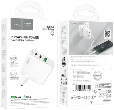 Сетевое зар./устр. Hoco C115A Header PD65W three-port(2C1A) charger(EU) 65W 3.25A+3A+2A+1.5A (PD+QC) универсальное белый (98312)