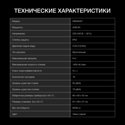 Стиральная машина Hyundai WMA8407 класс: A+++ загр.фронтальная макс.:8кг темно-серый инвертор