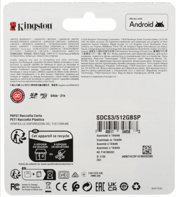 Флеш карта microSDXC 512GB Kingston SDCS3/512GBSP Canvas Select Plus V30 A1 w/o adapter
