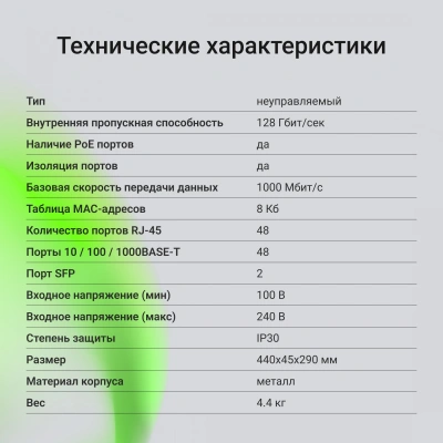 Коммутатор Digma DSP248G-2S-R800 DSP248G-2S-R800 V1 (L2) 48x1Гбит/с 2SFP 48PoE 48PoE+ 4PoE++ 800W неуправляемый