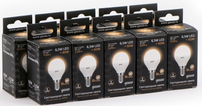 Лампа светодиодная Gauss 105101107 6.5Вт цок.:E14 шар 220B св.свеч.бел.теп. (упак.:10шт)