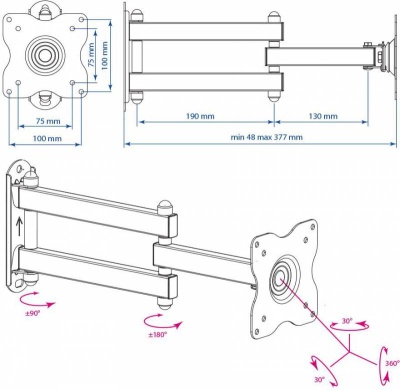 Кронштейн для телевизора Kromax DIX-15 черный 15"-28" макс.30кг настенный поворот и наклон