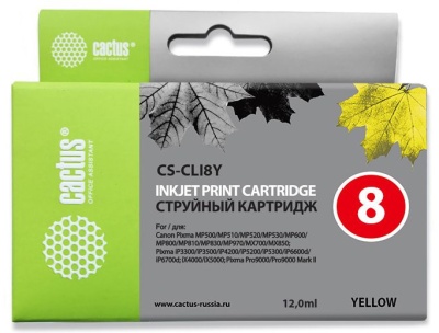 Картридж струйный Cactus CS-CLI8Y CLI-8Y желтый (13.4мл) для Canon Pixma MP470/MP500/MP510/MP520/MP530/MP600/MP800/MP810/MP830/MP970/iP3300/iP3500/iP4200/iP4300/iP5200/iP5300/iP6600D/iP6700D/MX700/MX850/iX4000/iX5000/Pro9000/9000Mark II с чипом