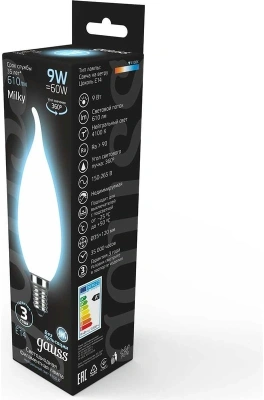 Лампа светодиодная Gauss Filament 104201209 9Вт цок.:E14 свеча 220B (упак.:1шт)