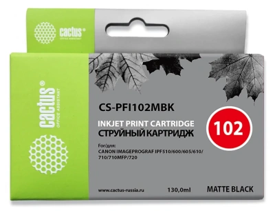 Картридж струйный Cactus CS-PFI102MBK PFI-102 MBK черный матовый (130мл) для Canon iPF500/iPF600/iPF700/ MFP M40/iPF765/LP17/LP24 с чипом