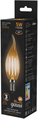 Лампа филам. Gauss Filament 5Вт цок.:E14 свеча 220B св.свеч.бел.теп. (упак.:10шт) (104801105)